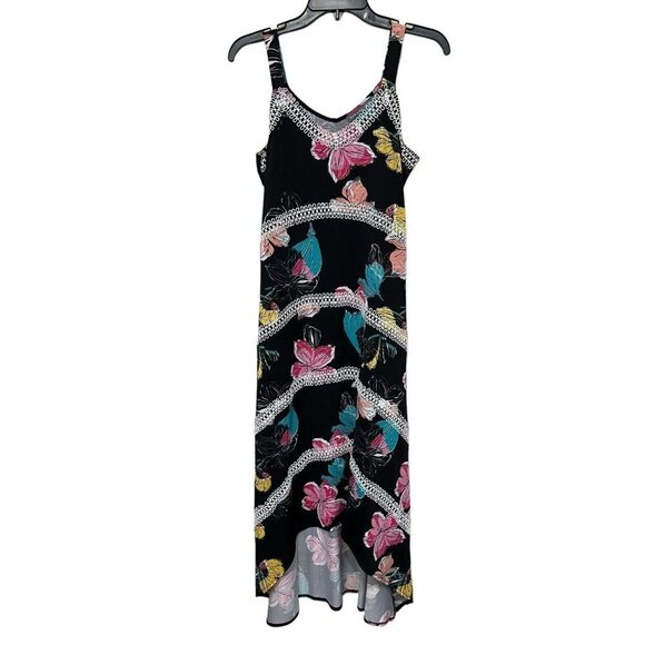 Black Floral Maxi Dress‎ Hi-Lo Hem Sz Med Beach Vacation Y2K babydoll Romantic - Picture 2 of 8